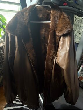 Brown Leather mink fur bomber Jacket reversible like new